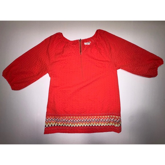 Esley Tops - Esley Womens Red Textured Zipper Back Neck Embroidered Zigzag Hem Top Size S